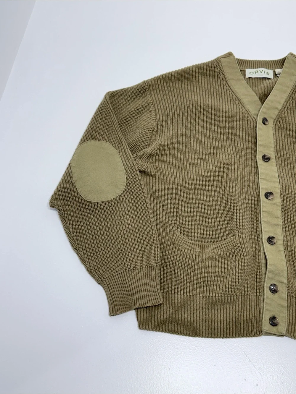 Orvis Men L Olive 100% Cotton V-Neck Rib Knit Cardigan Elbow Patch Button Front